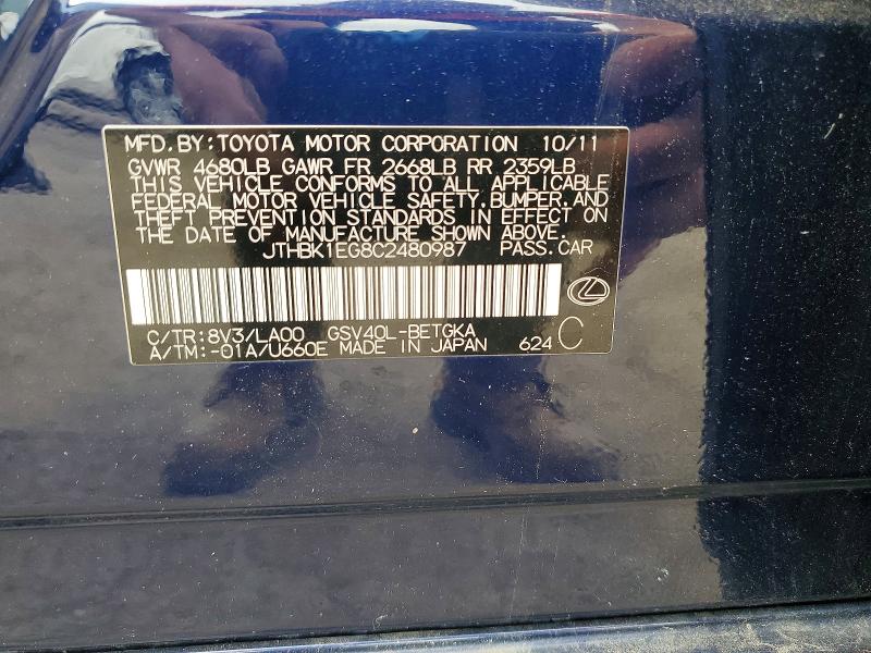 53119336 :رقم المزاد ، JTHBK1EG8C2480987 vin ، 2012 Lexus Es مزاد بيع