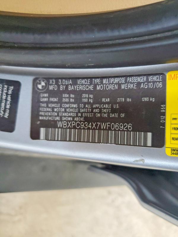 Продаж на аукціоні авто 2007 Bmw X3, vin: WBXPC934X7WF06926, номер лоту: 54142676