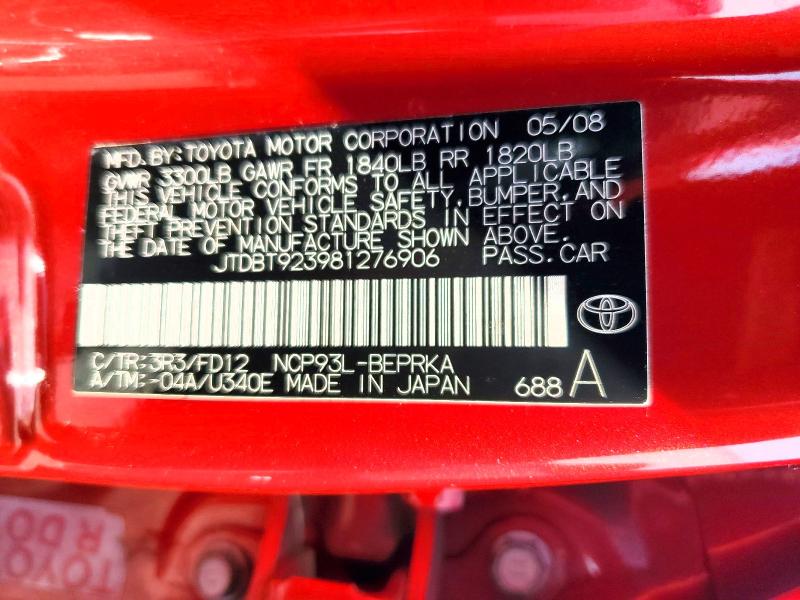 54059856 :رقم المزاد ، JTDBT923981276906 vin ، 2008 Toyota Yaris مزاد بيع