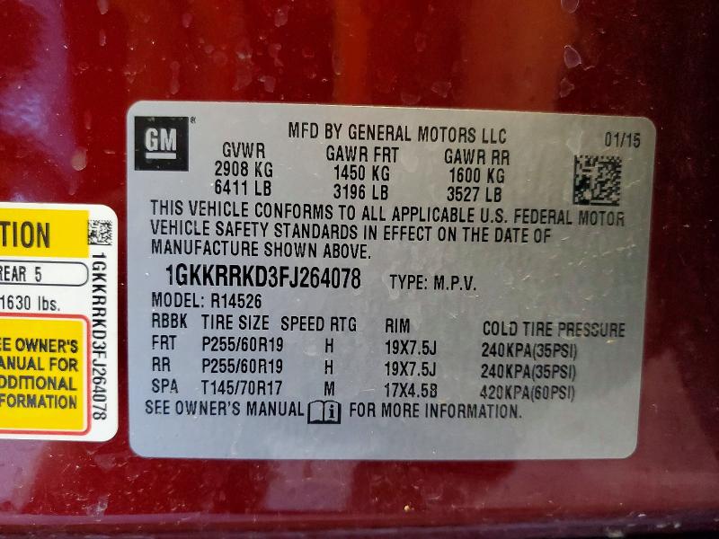 53244846 :رقم المزاد ، 1GKKRRKD3FJ264078 vin ، 2015 Gmc Acadia مزاد بيع