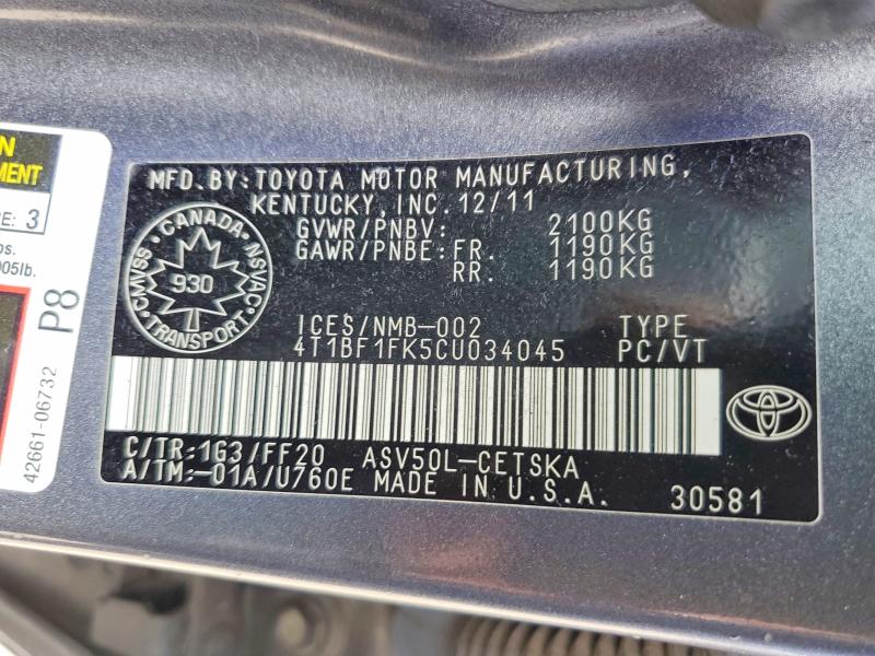 Aukcja sprzedaży 2012 Toyota Camry, vin: 4T1BF1FK5CU034045, numer aukcji: 52319116