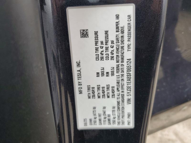 2025 Tesla Model 3 მანქანა იყიდება აუქციონზე, vin: 5YJ3E1EA8SF065124, აუქციონის ნომერი: 54484776