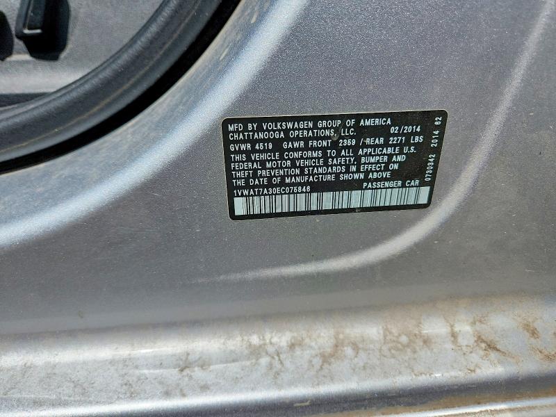 52248296 :رقم المزاد ، 1VWAT7A30EC075846 vin ، 2014 Volkswagen Passat مزاد بيع