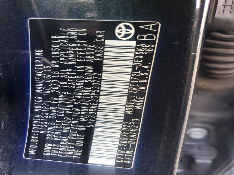 53751346 :رقم المزاد ، 5YFBURHE3GP530772 vin ، 2016 Toyota Corolla مزاد بيع