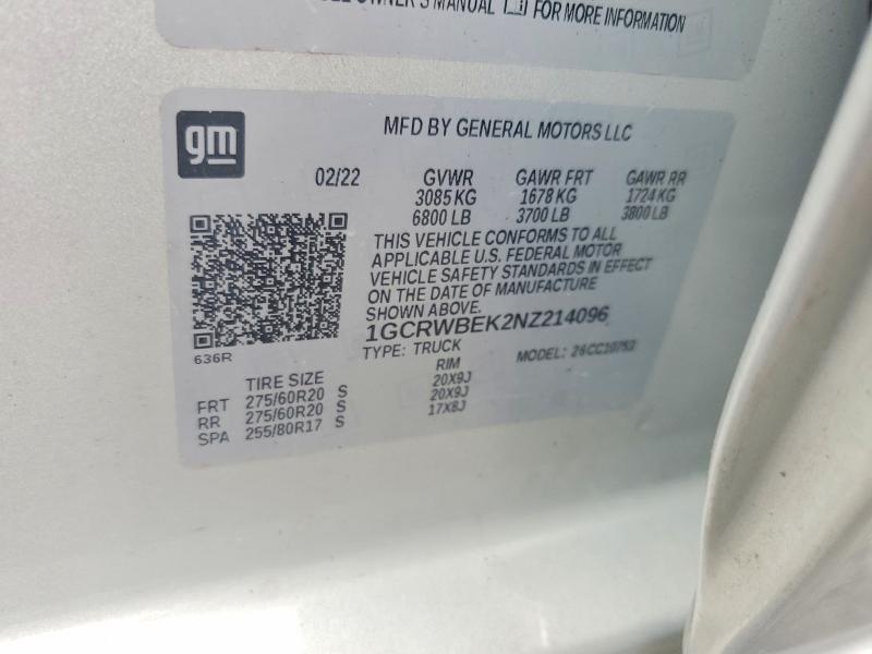 Aukcja sprzedaży 2022 Chevrolet Silverado Ltd, vin: 1GCRWBEK2NZ214096, numer aukcji: 52341676