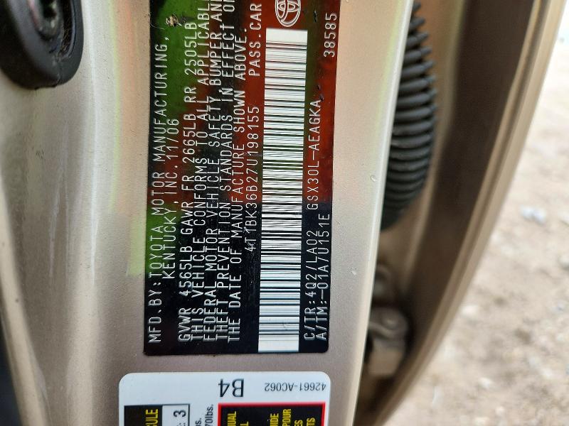 2007 Toyota Avalon მანქანა იყიდება აუქციონზე, vin: 4T1BK36B27U198155, აუქციონის ნომერი: 55401826