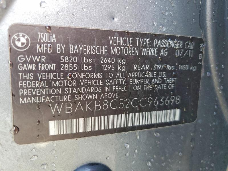 2012 Bmw 750 მანქანა იყიდება აუქციონზე, vin: WBAKB8C52CC963698, აუქციონის ნომერი: 53969126
