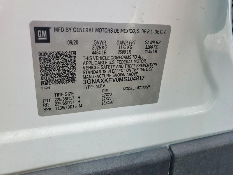 2021 Chevrolet Equinox მანქანა იყიდება აუქციონზე, vin: 3GNAXKEV0MS104817, აუქციონის ნომერი: 53551276