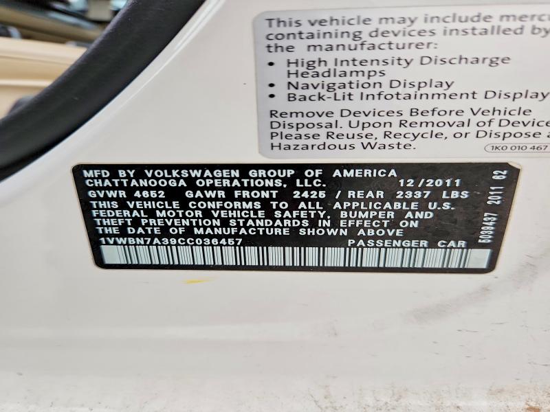 52227456 :رقم المزاد ، 1VWBN7A39CC036457 vin ، 2012 Volkswagen Passat مزاد بيع
