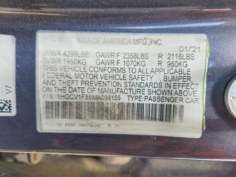 Продаж на аукціоні авто 2021 Honda Accord, vin: 1HGCV1F58MA036155, номер лоту: 53193196