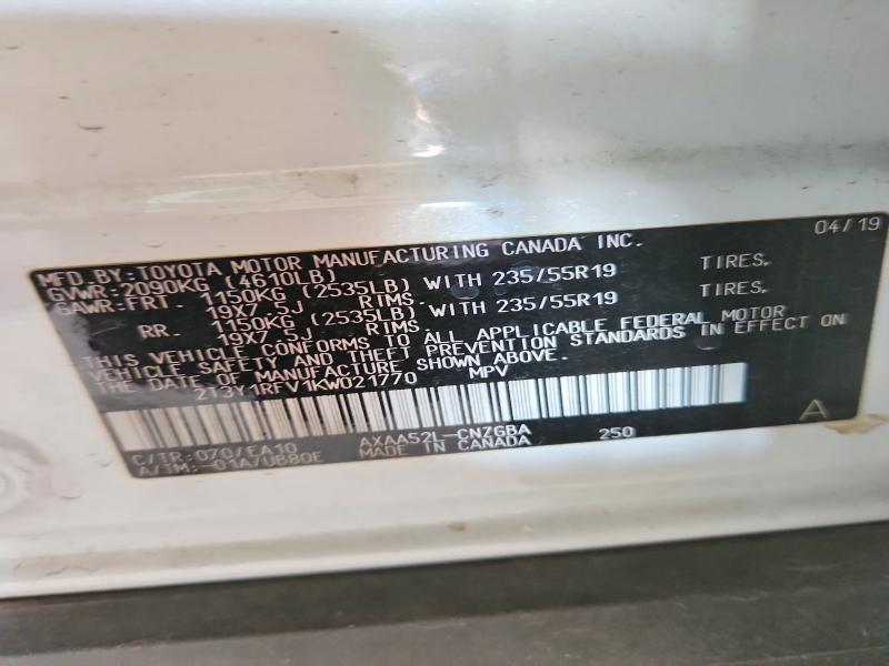 Продаж на аукціоні авто 2019 Toyota Rav4, vin: 2T3Y1RFV1KW021770, номер лоту: 52415676