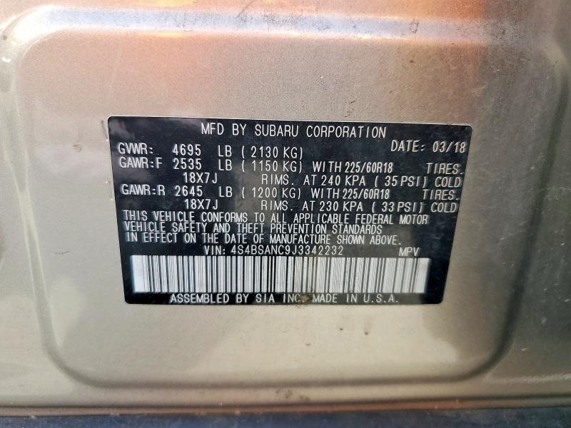 Продажа на аукционе авто 2018 Subaru Outback, vin: 4S4BSANC9J3342232, номер лота: 53067276