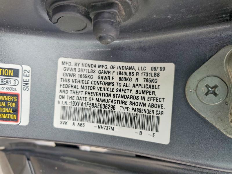 54019756 :رقم المزاد ، 19XFA1F58AE006296 vin ، 2010 Honda Civic مزاد بيع
