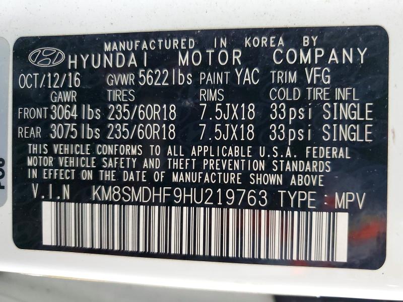 Aukcja sprzedaży 2017 Hyundai Santa Fe, vin: KM8SMDHF9HU219763, numer aukcji: 52624016