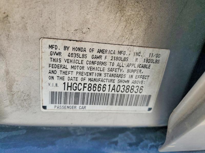2001 Honda Accord მანქანა იყიდება აუქციონზე, vin: 1HGCF86661A038836, აუქციონის ნომერი: 54312096