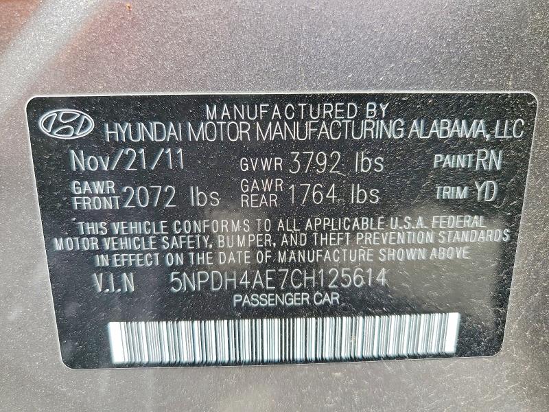 51598566 :رقم المزاد ، 5NPDH4AE7CH125614 vin ، 2012 Hyundai Elantra مزاد بيع