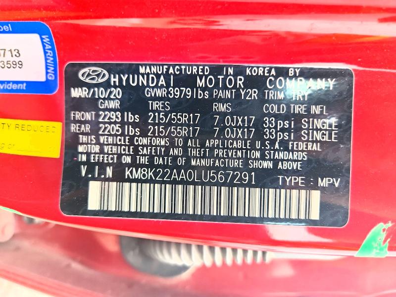 2020 Hyundai Kona მანქანა იყიდება აუქციონზე, vin: KM8K22AA0LU567291, აუქციონის ნომერი: 53213716