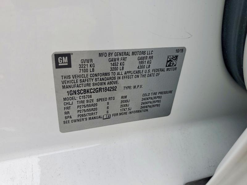 2016 Chevrolet Tahoe მანქანა იყიდება აუქციონზე, vin: 1GNSCBKC2GR184292, აუქციონის ნომერი: 52526386