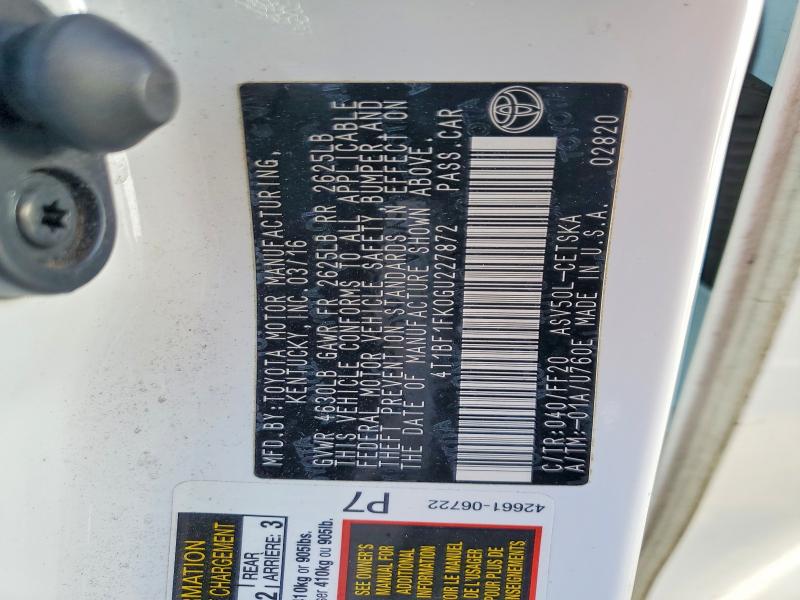 53261256 :رقم المزاد ، 4T1BF1FK0GU227872 vin ، 2016 Toyota Camry مزاد بيع