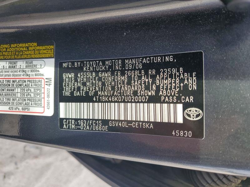 2007 Toyota Camry მანქანა იყიდება აუქციონზე, vin: 4T1BK46K07U020007, აუქციონის ნომერი: 54351416