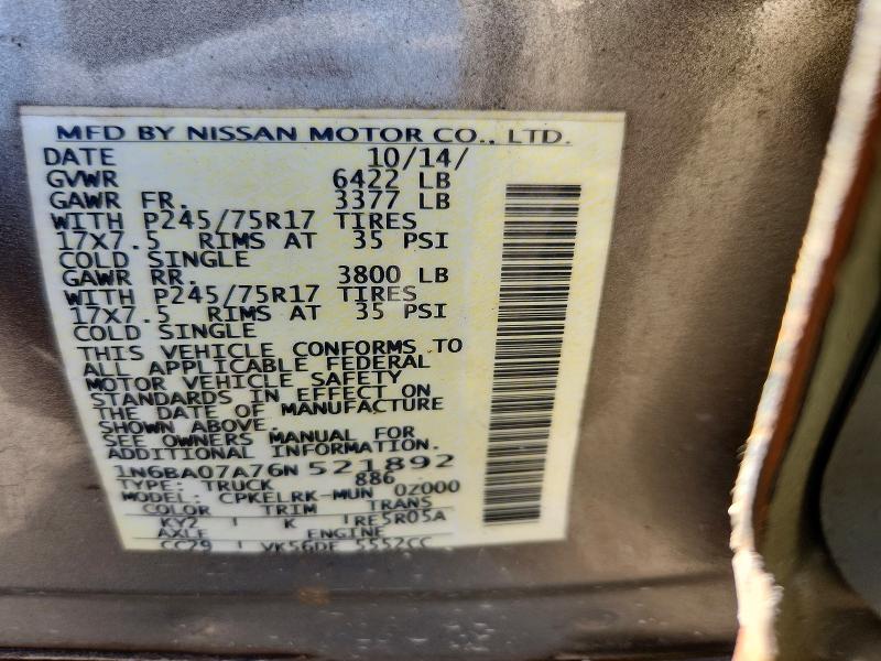 Auction sale of the 2006 Nissan Titan, vin: 1N6BA07A76N521892, lot number: 54960276
