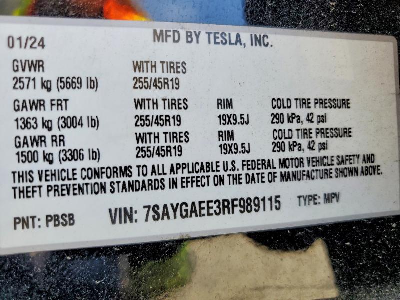2024 Tesla Model Y მანქანა იყიდება აუქციონზე, vin: 7SAYGAEE3RF989115, აუქციონის ნომერი: 52071646