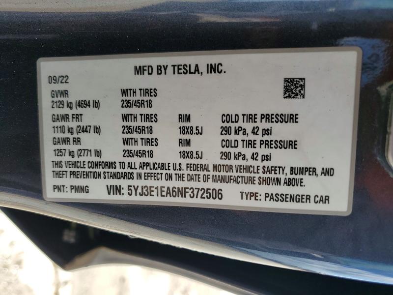 52348356 :رقم المزاد ، 5YJ3E1EA6NF372506 vin ، 2022 Tesla Model 3 مزاد بيع