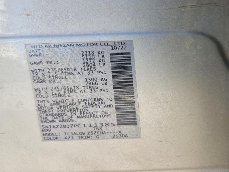 2023 Nissan Murano მანქანა იყიდება აუქციონზე, vin: 5N1AZ2BJ7PC111385, აუქციონის ნომერი: 53775276