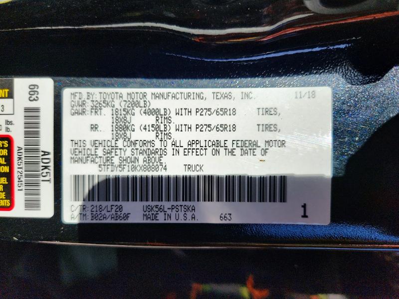 Продаж на аукціоні авто 2019 Toyota Tundra, vin: 5TFDY5F10KX808074, номер лоту: 53434396