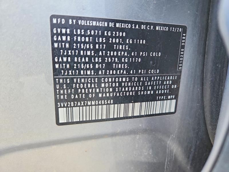 2021 Volkswagen Tiguan მანქანა იყიდება აუქციონზე, vin: 3VV2B7AX7MM046548, აუქციონის ნომერი: 53589466