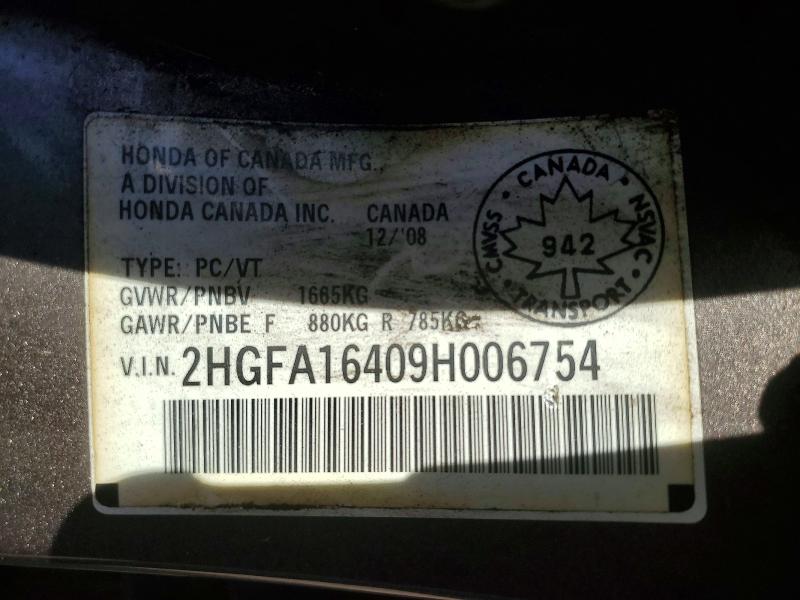 55080336 :رقم المزاد ، 2HGFA16409H006754 vin ، 2009 Honda Civic مزاد بيع