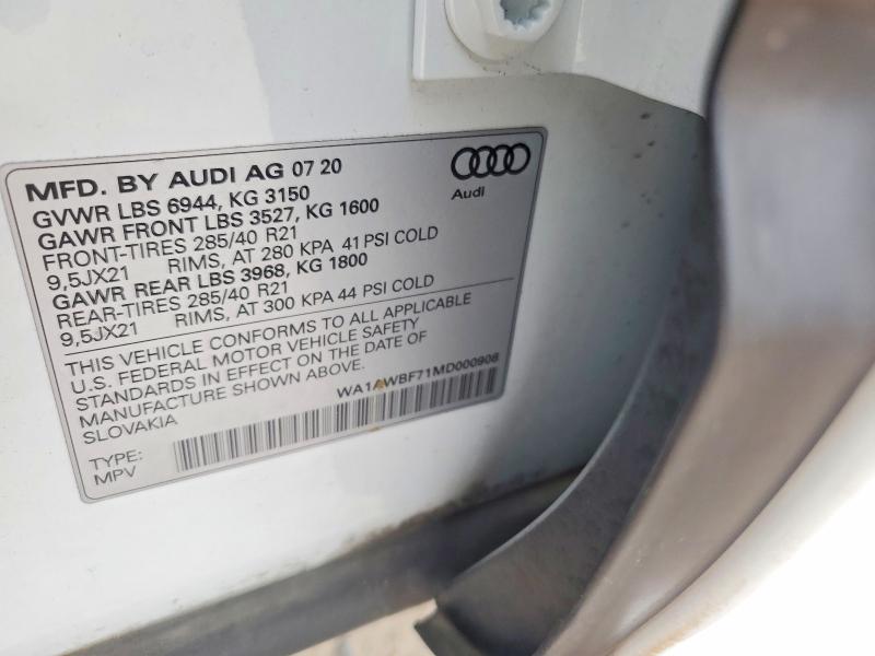 Aukcja sprzedaży 2021 Audi Sq7, vin: WA1AWBF71MD000908, numer aukcji: 52543506