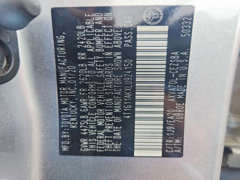 Продаж на аукціоні авто 2020 Toyota Camry, vin: 4T1G11AKXLU924150, номер лоту: 54825206