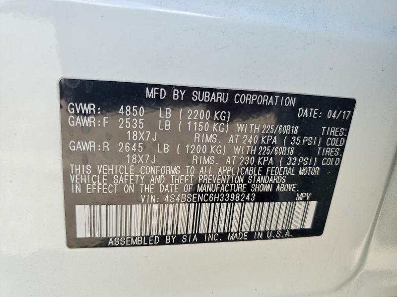 Продаж на аукціоні авто 2017 Subaru Outback, vin: 4S4BSENC6H3398243, номер лоту: 55409856