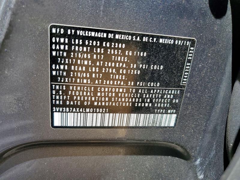2020 Volkswagen Tiguan მანქანა იყიდება აუქციონზე, vin: 3VV3B7AX4LM019021, აუქციონის ნომერი: 52919486
