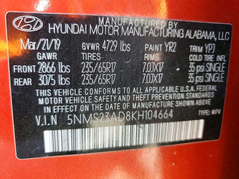 52305726 :رقم المزاد ، 5NMS23AD8KH104664 vin ، 2019 Hyundai Santa Fe مزاد بيع