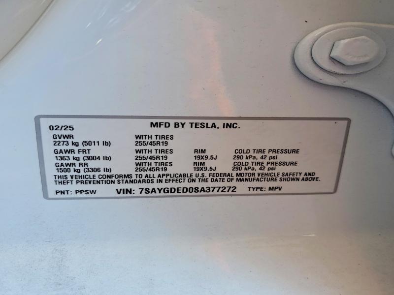 2025 Tesla Model Y მანქანა იყიდება აუქციონზე, vin: 7SAYGDED0SA377272, აუქციონის ნომერი: 53267206