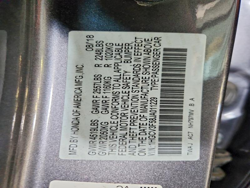 Aukcja sprzedaży 2018 Honda Accord, vin: 1HGCV3F58JA011229, numer aukcji: 51681116