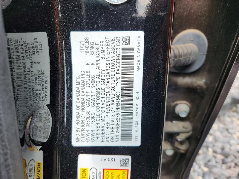 2022 Honda Civic მანქანა იყიდება აუქციონზე, vin: 2HGFE2F51NH546403, აუქციონის ნომერი: 53766286
