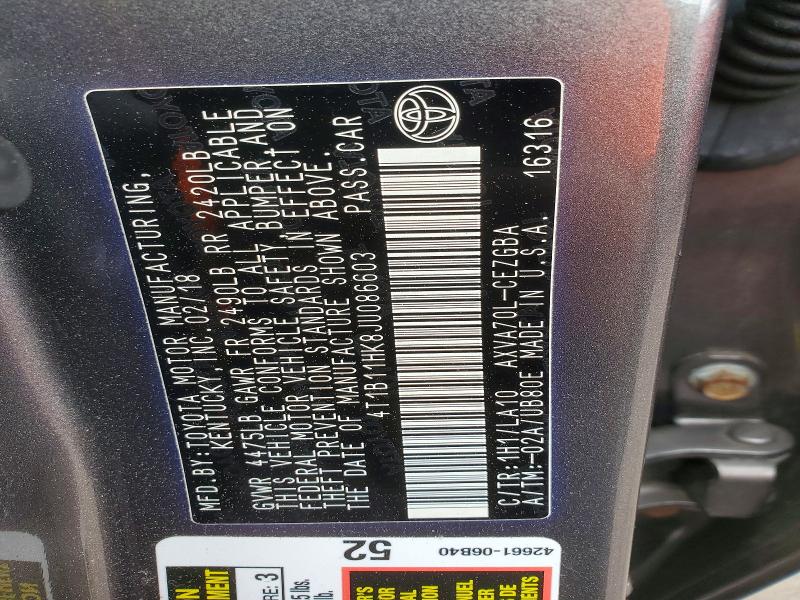 51647336 :رقم المزاد ، 4T1B11HK8JU086603 vin ، 2018 Toyota Camry مزاد بيع
