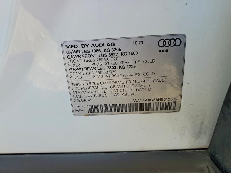 Продаж на аукціоні авто 2022 Audi E-tron, vin: WA1AAAGE6NB012586, номер лоту: 54344516
