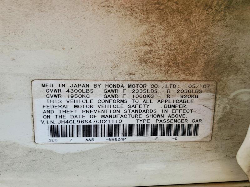 2007 Acura Tsx მანქანა იყიდება აუქციონზე, vin: JH4CL96847C021110, აუქციონის ნომერი: 52149996