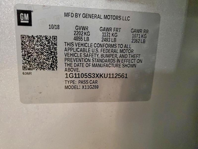 54265356 :رقم المزاد ، 1G1105S3XKU112561 vin ، 2019 Chevrolet Impala مزاد بيع