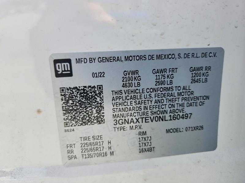 54758166 :رقم المزاد ، 3GNAXTEV0NL160497 vin ، 2022 Chevrolet Equinox مزاد بيع