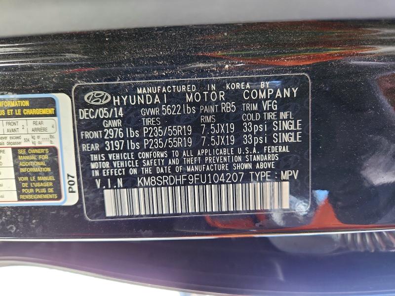 2015 Hyundai Santa Fe მანქანა იყიდება აუქციონზე, vin: KM8SRDHF9FU104207, აუქციონის ნომერი: 53625116