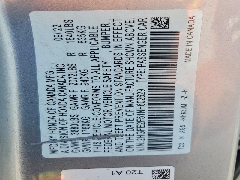 2022 Honda Civic მანქანა იყიდება აუქციონზე, vin: 2HGFE2F51NH602629, აუქციონის ნომერი: 52560886