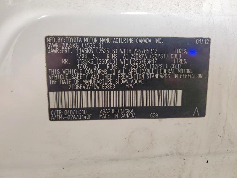 Продаж на аукціоні авто 2012 Toyota Rav4, vin: 2T3BF4DV1CW186863, номер лоту: 54994146