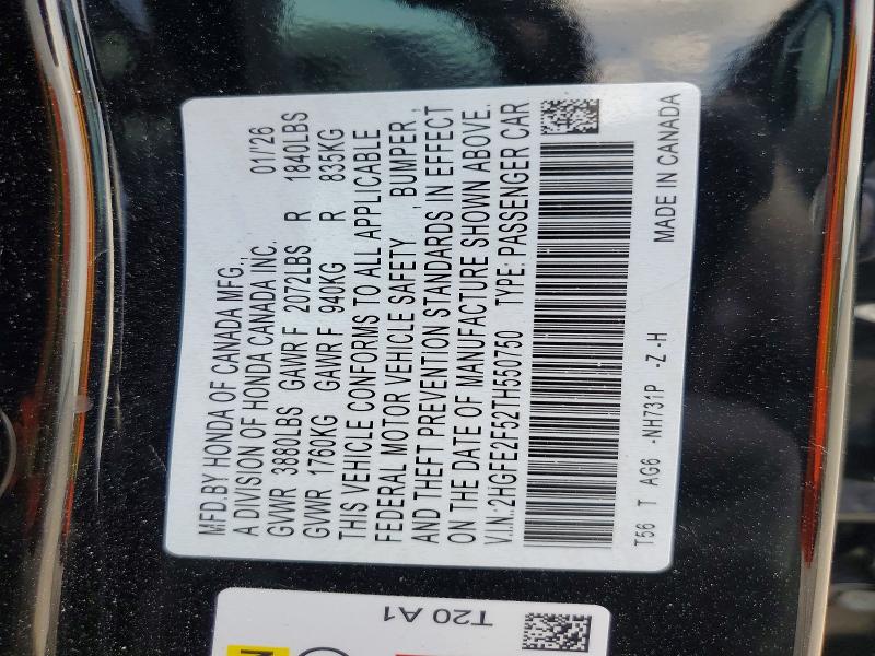 Продаж на аукціоні авто 2026 Honda Civic, vin: 2HGFE2F52TH550750, номер лоту: 55574836