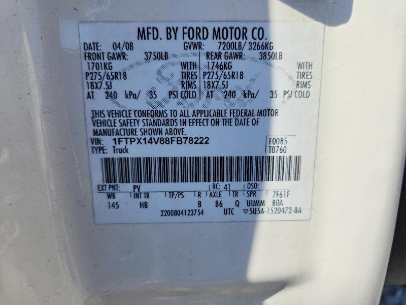 53366396 :رقم المزاد ، 1FTPX14V88FB78222 vin ، 2008 Ford F150 مزاد بيع