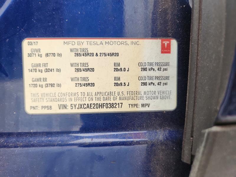 2017 Tesla Model X მანქანა იყიდება აუქციონზე, vin: 5YJXCAE20HF038217, აუქციონის ნომერი: 54675706